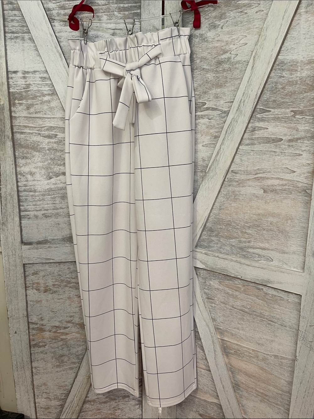 Soho Apparel Cream Windowpane Tie-Waist Wide Leg Pants